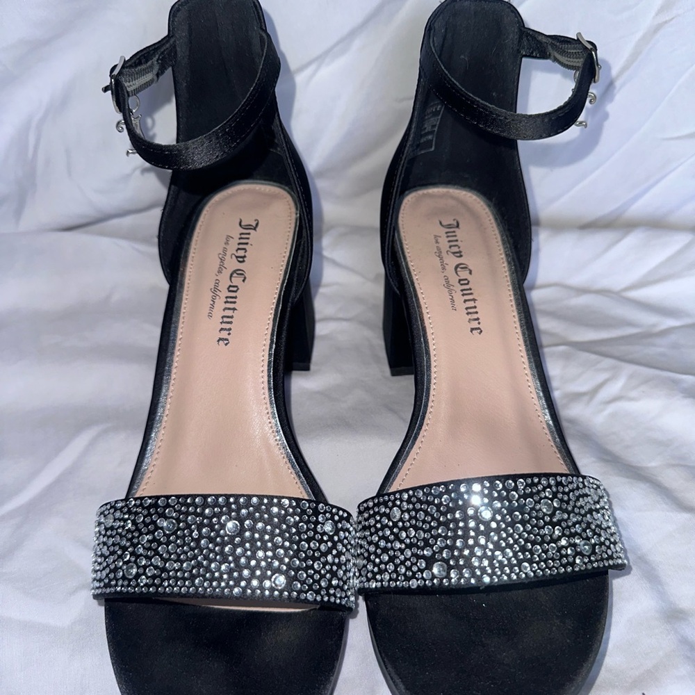 Juicy Couture Black Rhinestone Block Heel Sandals – Ankle Strap Glam Heels
